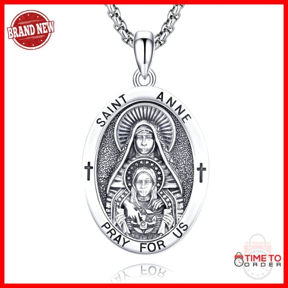 Sterling Silver Saint Anne Pendant Necklace 22+2 Inch Chain Men's Jewelry